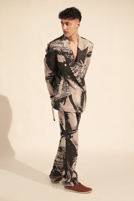 Buy_Nikita Mhaisalkar_Black Georgette Sequins, Embroidery Brush Stroke Print Blazer With Pant _Online_at_Aza_Fashions