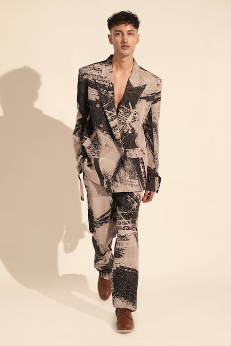 Shop_Nikita Mhaisalkar_Black Georgette Sequins, Embroidery Brush Stroke Print Blazer With Pant _Online_at_Aza_Fashions