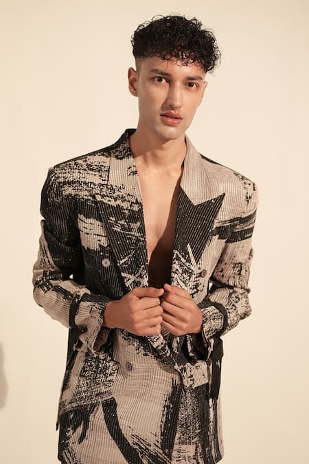 Nikita Mhaisalkar_Black Georgette Sequins, Embroidery Brush Stroke Print Blazer With Pant _at_Aza_Fashions