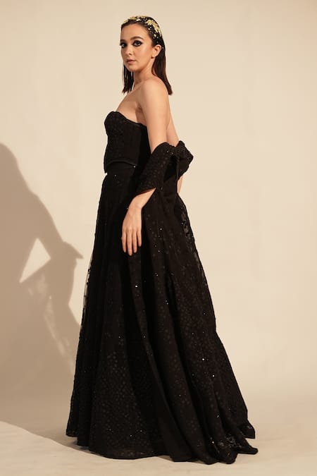 Buy_Nikita Mhaisalkar_Black Tulle Embroidery And Flared Lehenga _Online_at_Aza_Fashions