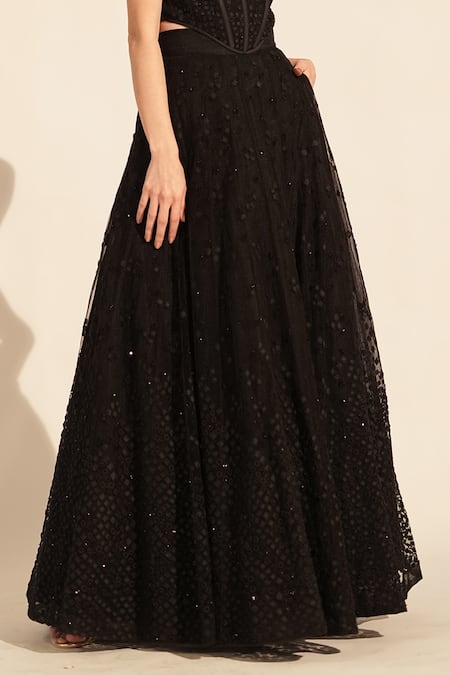 Shop_Nikita Mhaisalkar_Black Tulle Embroidery And Flared Lehenga _Online_at_Aza_Fashions