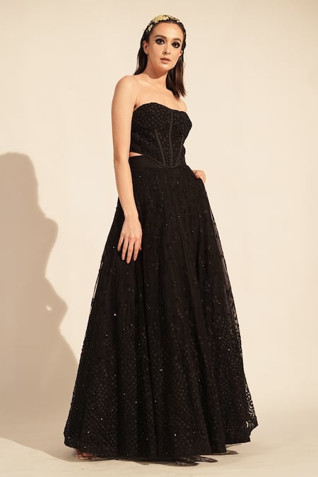 Buy_Nikita Mhaisalkar_Black Tulle Embroidery Bandeau Neck Tube Corset _Online_at_Aza_Fashions