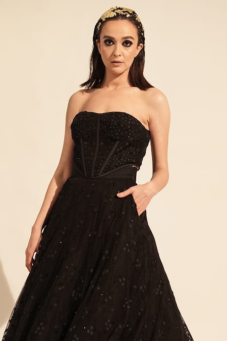 Shop_Nikita Mhaisalkar_Black Tulle Embroidery Bandeau Neck Tube Corset _Online_at_Aza_Fashions
