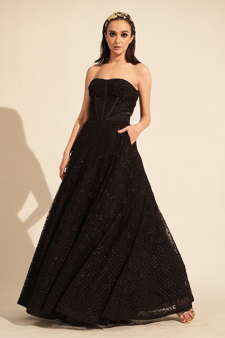 Nikita Mhaisalkar_Black Tulle Embroidery Bandeau Neck Tube Corset _at_Aza_Fashions