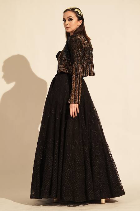 Nikita Mhaisalkar_Black Tulle Embroidery Collared Embellished Jacket _Online_at_Aza_Fashions