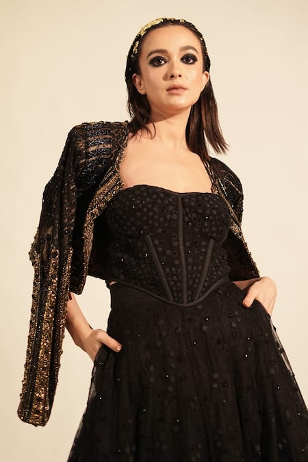 Buy_Nikita Mhaisalkar_Black Tulle Embroidery Collared Embellished Jacket _Online_at_Aza_Fashions