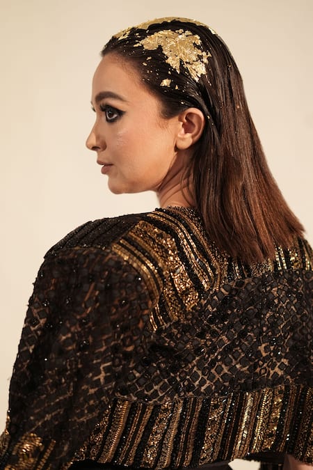 Nikita Mhaisalkar_Black Tulle Embroidery Collared Embellished Jacket _at_Aza_Fashions