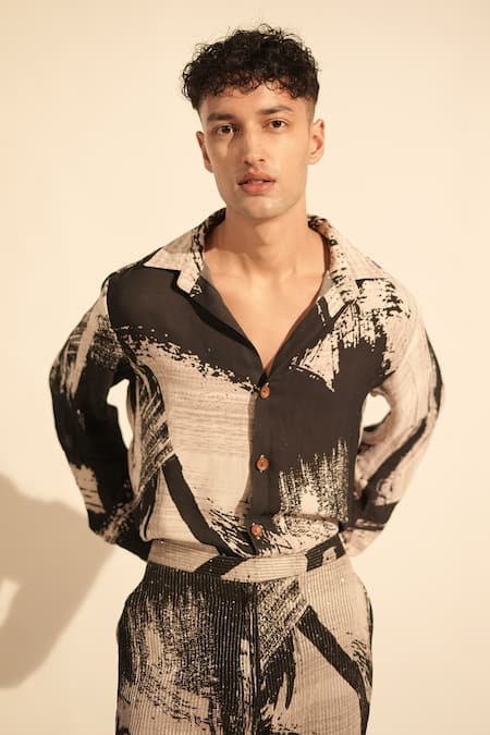 Buy_Nikita Mhaisalkar_Black Georgette Brush Stroke Print Shirt _Online_at_Aza_Fashions