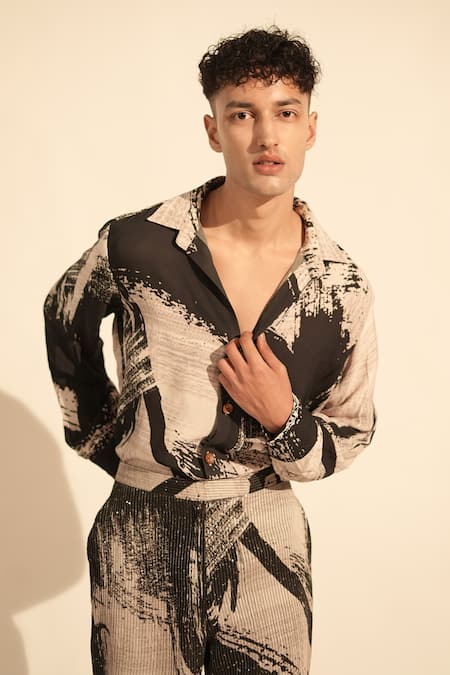 Shop_Nikita Mhaisalkar_Black Georgette Brush Stroke Print Shirt _Online_at_Aza_Fashions