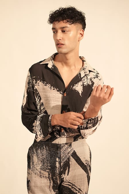 Nikita Mhaisalkar_Black Georgette Brush Stroke Print Shirt _at_Aza_Fashions
