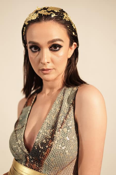 Shop_Nikita Mhaisalkar_Blue Georgette Sequins V-neck Butterfly Print And Embroidered Short Dress _Online_at_Aza_Fashions