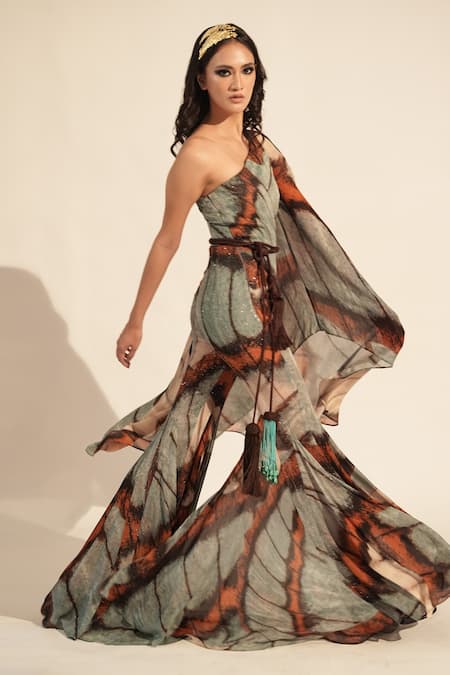 Shop_Nikita Mhaisalkar_Blue Georgette Sequins, Embroidery One Shoulder Butterfly Print And Jumpsuit _Online_at_Aza_Fashions