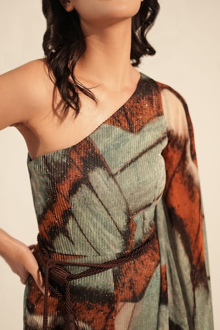 Buy_Nikita Mhaisalkar_Blue Georgette Sequins, Embroidery One Shoulder Butterfly Print And Jumpsuit 