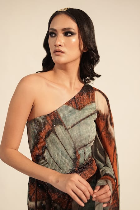 Nikita Mhaisalkar_Blue Georgette Sequins, Embroidery One Shoulder Butterfly Print And Jumpsuit _at_Aza_Fashions