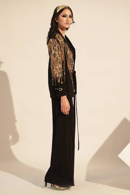 Nikita Mhaisalkar_Black Lace, Lurex Sequins, Embroidery V-neck Embellished Blazer Pant Set _Online_at_Aza_Fashions