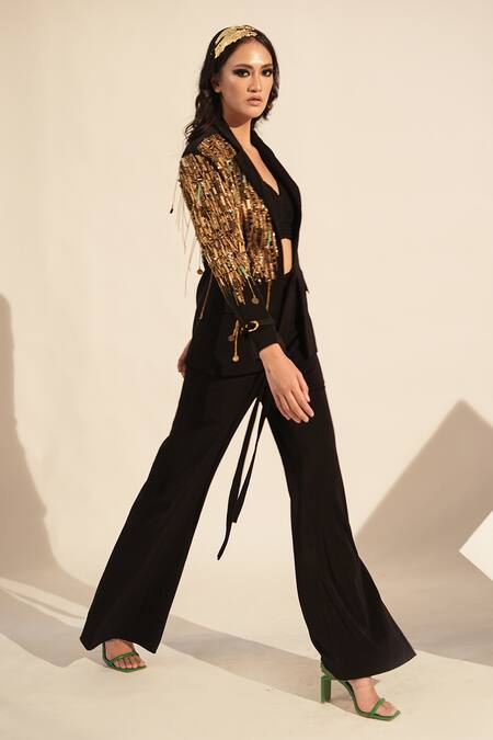 Buy_Nikita Mhaisalkar_Black Lace, Lurex Sequins, Embroidery V-neck Embellished Blazer Pant Set _Online_at_Aza_Fashions