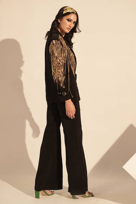 Shop_Nikita Mhaisalkar_Black Lace, Lurex Sequins, Embroidery V-neck Embellished Blazer Pant Set _Online_at_Aza_Fashions