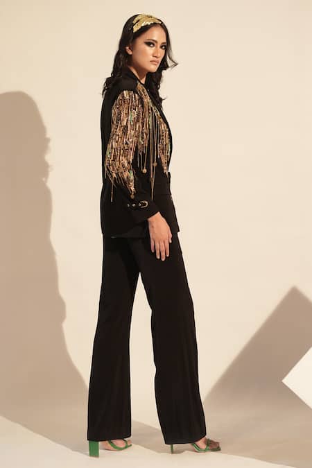 Nikita Mhaisalkar_Black Lace, Lurex Sequins, Embroidery V-neck Embellished Blazer Pant Set _at_Aza_Fashions