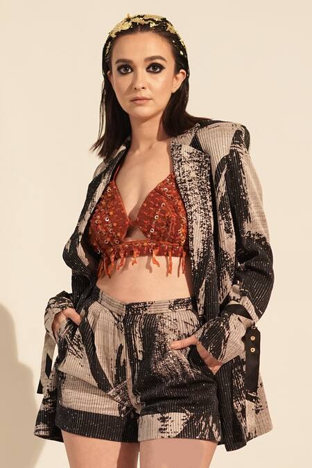 Nikita Mhaisalkar Black Georgette Sequins Brush Stroke Print Blazer Online at Aza Fashions Nikita Mhaisalkar_Black Georgette Sequins Brush Stroke Print Blazer _Online_at_Aza_Fashions