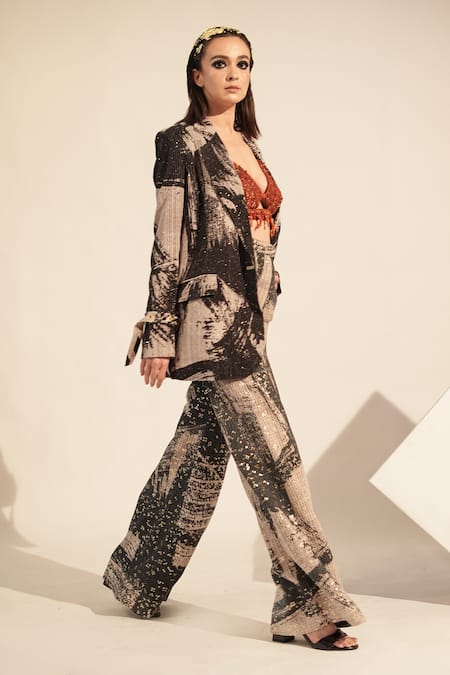 Buy_Nikita Mhaisalkar_Black Georgette Sequins Brush Stroke Print Broad Hem Pant _Online_at_Aza_Fashions