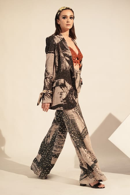 Shop Nikita Mhaisalkar Black Georgette Sequins Brush Stroke Print Blazer Online at Aza Fashions Shop_Nikita Mhaisalkar_Black Georgette Sequins Brush Stroke Print Blazer _Online_at_Aza_Fashions