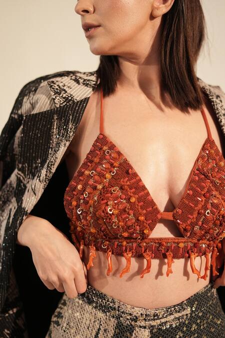 Shop_Nikita Mhaisalkar_Orange Tulle Sequins, Beads Sweetheart Neck Coral Embellished Bralette _Online_at_Aza_Fashions