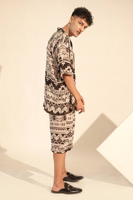 Nikita Mhaisalkar Black Georgette Aztec Print Shirt With Shorts Online at Aza Fashions Nikita Mhaisalkar_Black Georgette Aztec Print Shirt With Shorts _Online_at_Aza_Fashions