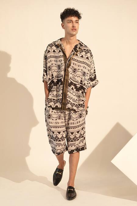 Shop Nikita Mhaisalkar Black Georgette Aztec Print Shirt With Shorts Online at Aza Fashions Shop_Nikita Mhaisalkar_Black Georgette Aztec Print Shirt With Shorts _Online_at_Aza_Fashions