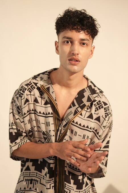 Nikita Mhaisalkar Black Georgette Aztec Print Shirt With Shorts at Aza Fashions Nikita Mhaisalkar_Black Georgette Aztec Print Shirt With Shorts _at_Aza_Fashions