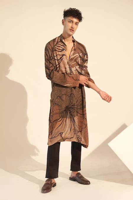 Nikita Mhaisalkar_Brown Georgette Sequins, Embroidery Floral Bloom Print Kurta _Online_at_Aza_Fashions