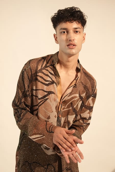 Buy_Nikita Mhaisalkar_Brown Georgette Sequins, Embroidery Floral Bloom Print Kurta _Online_at_Aza_Fashions