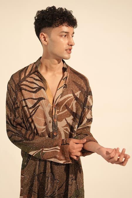 Shop_Nikita Mhaisalkar_Brown Georgette Sequins, Embroidery Floral Bloom Print Kurta _Online_at_Aza_Fashions