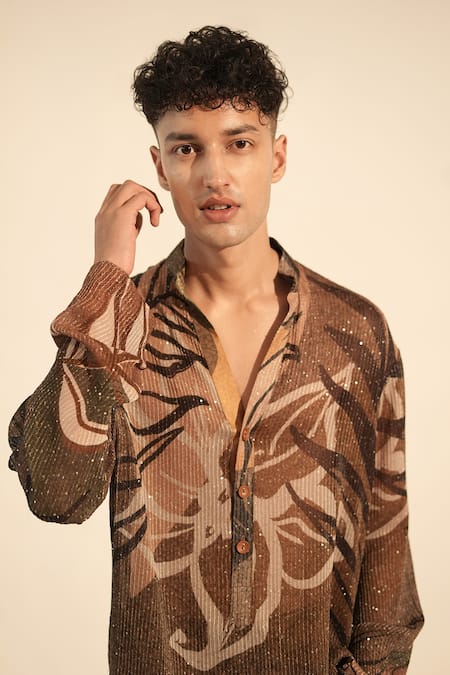 Nikita Mhaisalkar_Brown Georgette Sequins, Embroidery Floral Bloom Print Kurta _at_Aza_Fashions
