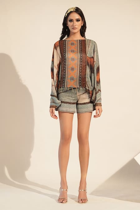 Nikita Mhaisalkar_Blue Georgette Sequins Round Neck Printed Embroidered Co-ord Set _Online_at_Aza_Fashions