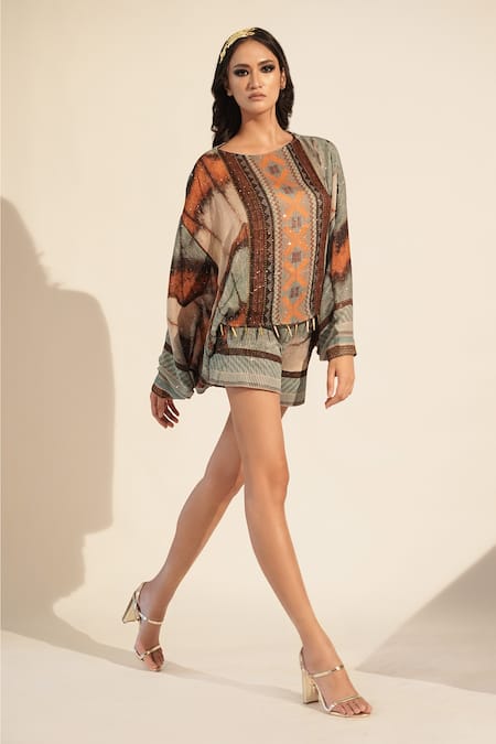 Shop_Nikita Mhaisalkar_Blue Georgette Sequins Round Neck Printed Embroidered Co-ord Set _Online_at_Aza_Fashions