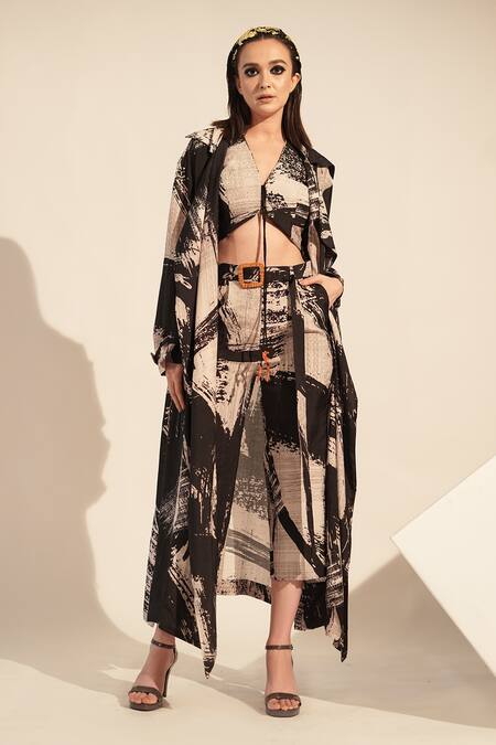 Shop_Nikita Mhaisalkar_Black Silk Open Neck Brush Stroke Print Jacket _Online_at_Aza_Fashions