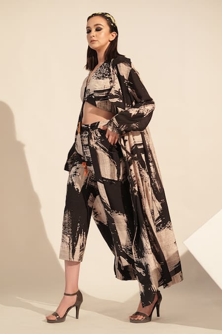 Shop_Nikita Mhaisalkar_Black Silk Brush Stroke Print Pant _Online_at_Aza_Fashions