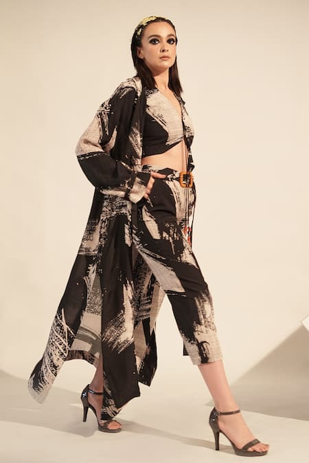 Nikita Mhaisalkar_Black Silk Open Neck Brush Stroke Print Jacket _at_Aza_Fashions