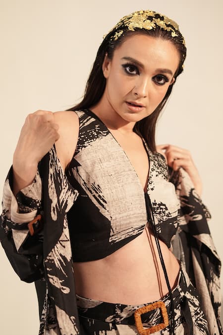 Shop_Nikita Mhaisalkar_Black Silk V-neck Brush Stroke Print Top _Online_at_Aza_Fashions