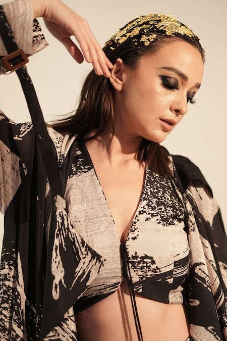 Nikita Mhaisalkar_Black Silk V-neck Brush Stroke Print Top _at_Aza_Fashions