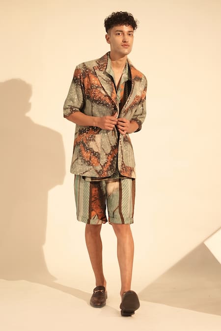 Buy_Nikita Mhaisalkar_Blue Georgette Sequins Butterfly Print Blazer _Online_at_Aza_Fashions