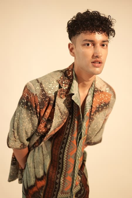 Shop_Nikita Mhaisalkar_Blue Georgette Sequins Butterfly Print Blazer _Online_at_Aza_Fashions