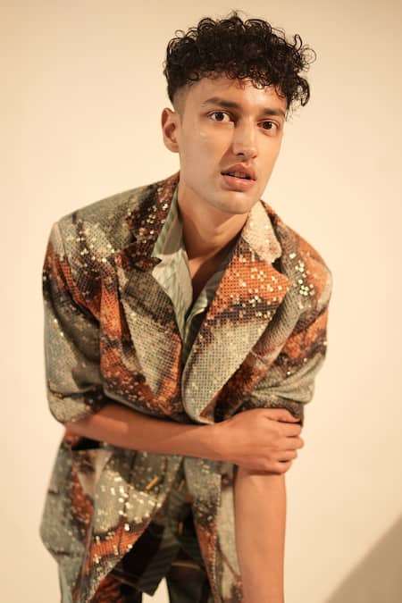 Nikita Mhaisalkar_Blue Georgette Sequins Butterfly Print Blazer _at_Aza_Fashions