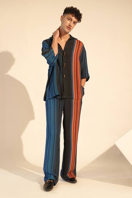Buy Nikita Mhaisalkar Blue Georgette Stripe Pattern Shirt With Pant Online at Aza Fashions Buy_Nikita Mhaisalkar_Blue Georgette Stripe Pattern Shirt With Pant _Online_at_Aza_Fashions