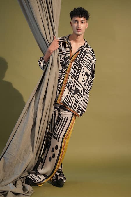 Nikita Mhaisalkar_White Cotton , Cotton, Abstract Aztec Print Shirt With Pant _Online_at_Aza_Fashions