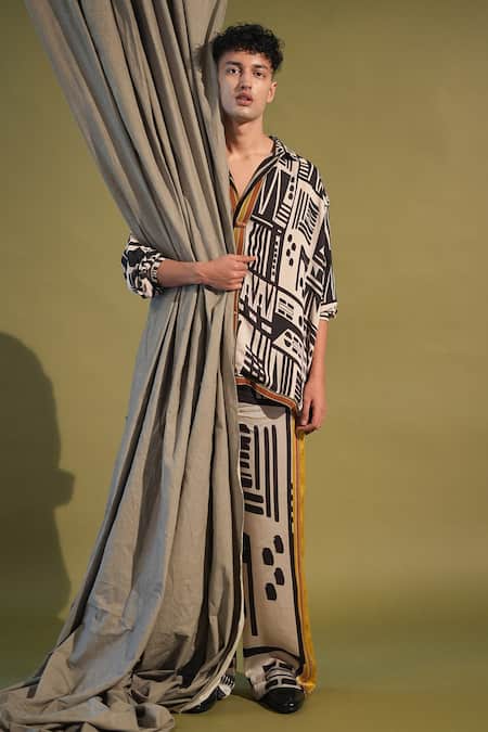 Buy_Nikita Mhaisalkar_White Cotton , Cotton, Abstract Aztec Print Shirt With Pant _Online_at_Aza_Fashions