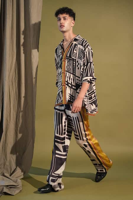 Shop_Nikita Mhaisalkar_White Cotton , Cotton, Abstract Aztec Print Shirt With Pant _Online_at_Aza_Fashions