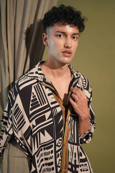 Nikita Mhaisalkar_White Cotton , Cotton, Abstract Aztec Print Shirt With Pant _at_Aza_Fashions