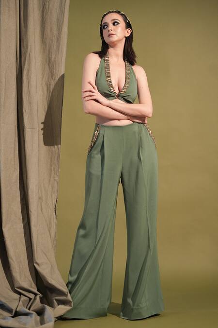 Nikita Mhaisalkar_Green Linen, Lurex Embroidery Halter Neck Embellished Crop Top And Pant Set _Online_at_Aza_Fashions