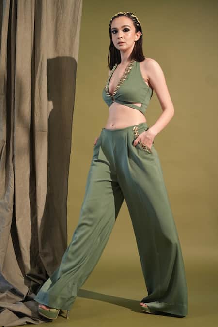 Buy_Nikita Mhaisalkar_Green Linen, Lurex Embroidery Halter Neck Embellished Crop Top And Pant Set _Online_at_Aza_Fashions